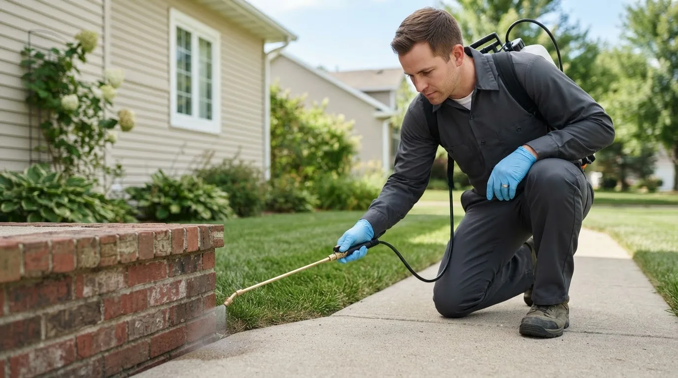Pest control technician treating a home near Glen Rock, PA